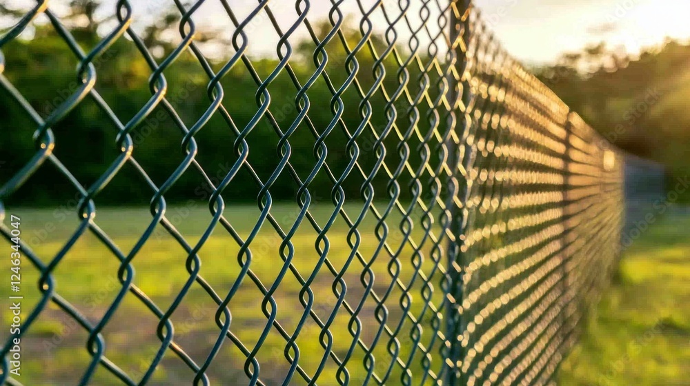 Poster Sunlight cascades gently through a chain-link fence, creating patterns of light and shadow on the lush green grass. Warm hues dance as day transitions to evening, evoking tranquility