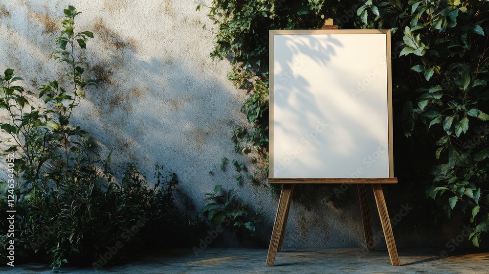 Poster empty white canvas mockup on wooden easel surrounded by greenery ideal for displaying artwork and cr