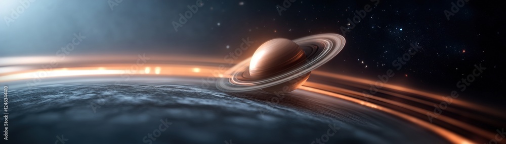 Poster a dark background showcases an orbiting planet with glowing rings softly fading into space, providin