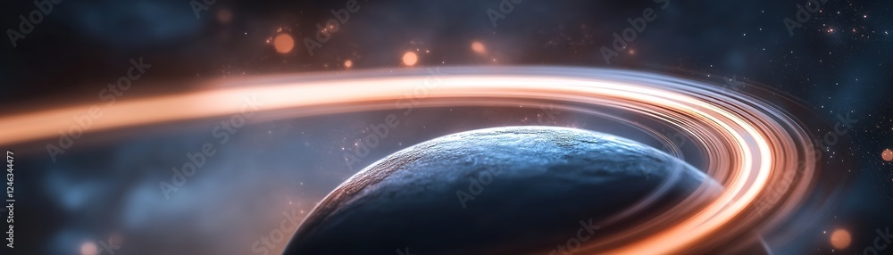 Aufkleber glowing rings encircle orbiting planets against a sleek dark background, creating a mystical atmosph