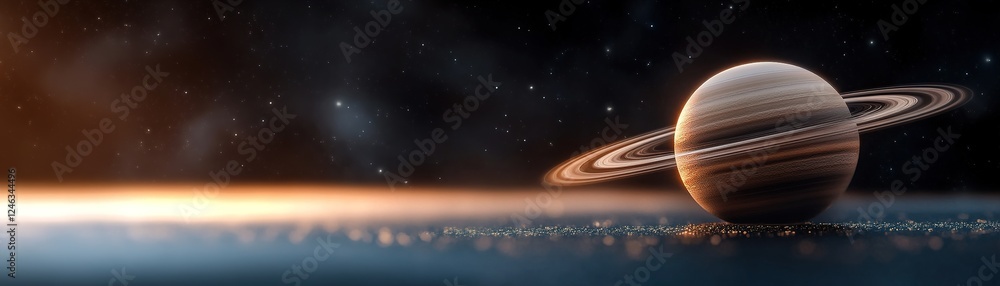 Poster a captivating view of a luminous planet with soft glowing rings set in a dark background, creating a