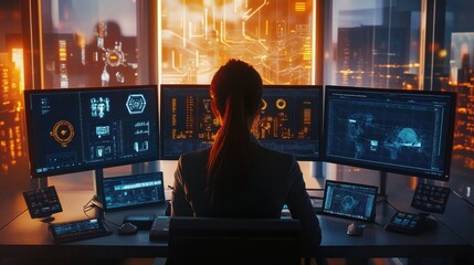 Cybersecurity Professional Working in a Futuristic Setting