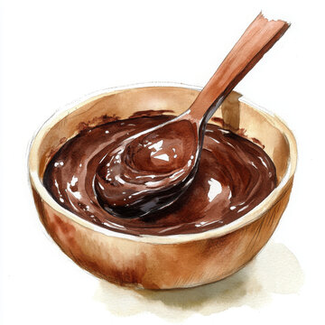 chocolate sauce bowl wooden spoon watercolor clip art preview
