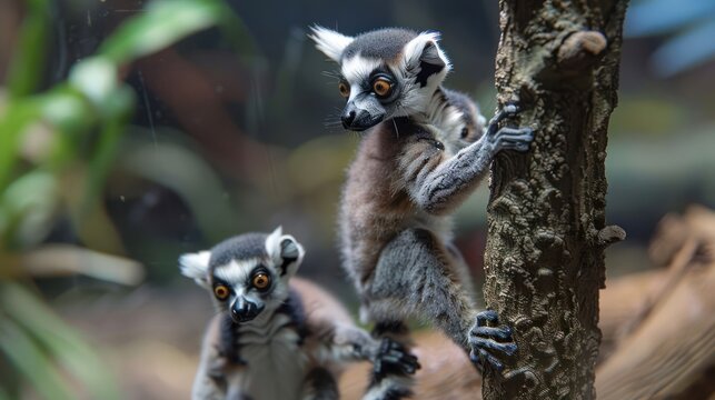 Two playful lemurs climbing a tree in a lush, vibrant habitat with blurred foliage in the background