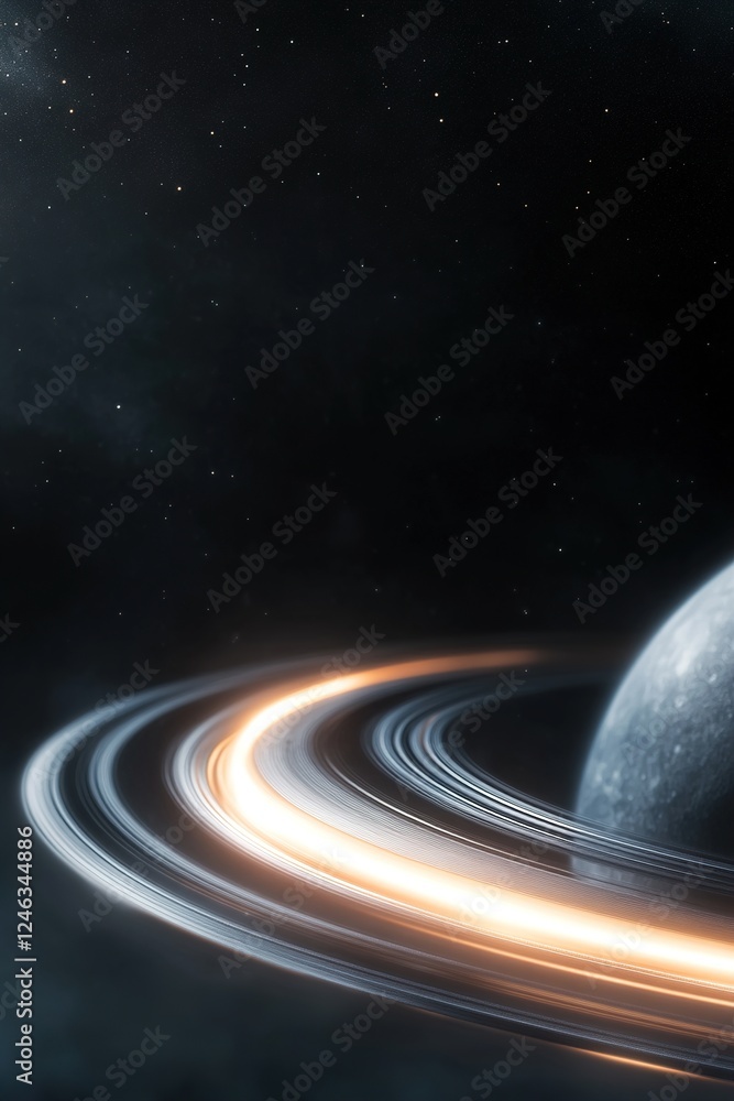 Poster planets in orbit display glowing rings that softly blend into a dark background, creating a tranquil