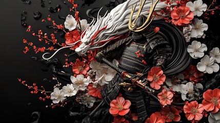 Samurai and Dragon Amidst Cherry Blossoms: A Digital Masterpiece
