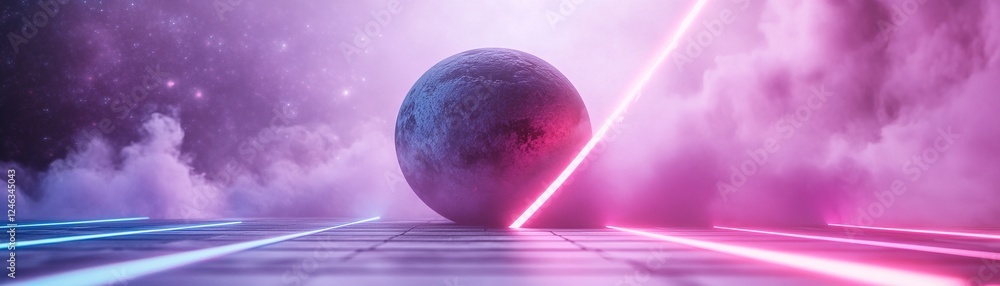 Poster a glowing planet hovers in a dark cosmic setting, surrounded by soft-focus digital elements and illu