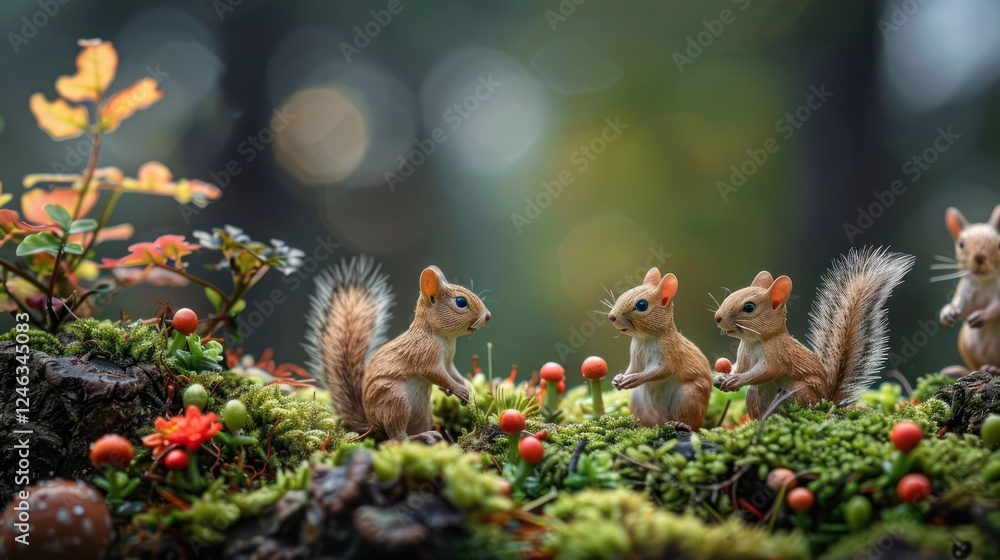 Poster playful squirrels interacting in a vibrant forest setting with colorful flora and soft bokeh backgro