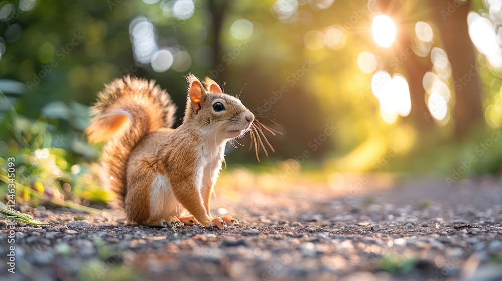 Poster a curious squirrel exploring a sunlit forest path surrounded by greenery and soft light