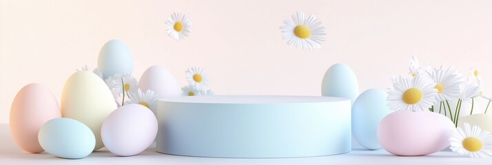 Smooth multi tiered podium with pastel eggs and daisies for spring decorations