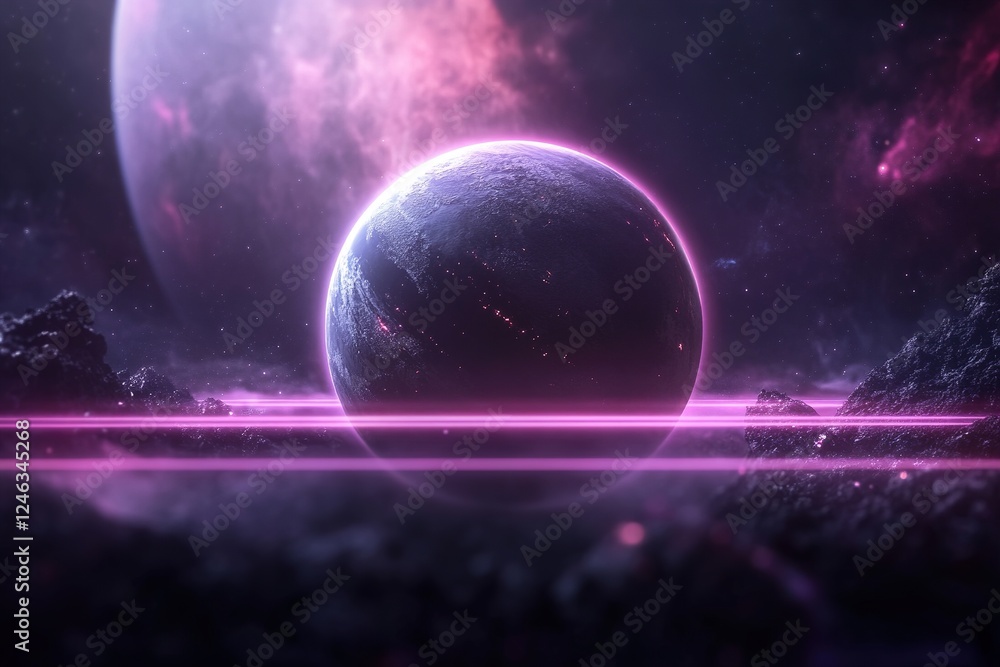 Poster a glowing planet shines brightly in a sleek dark cosmic background. neon grid lines and soft-focus d