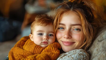 A loving mother cuddles her newborn baby in a cozy setting, both wrapped in warm knitwear. A heartwarming moment of maternal love and bonding