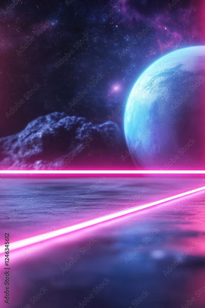 Poster a sleek dark cosmic backdrop features a glowing planet in the distance, framed by neon grid lines. s