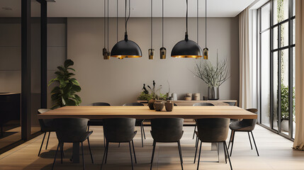 A_modern_dining_area_with_a_long_wooden_table_elegant