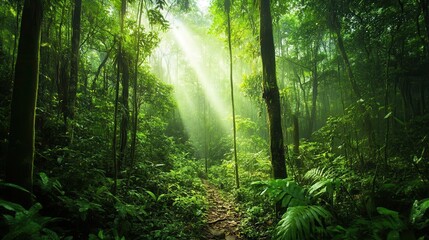 Aerial view showcasing a lush forest with a winding path meandering through the greenery, highlighting the beauty of nature and tranquility.