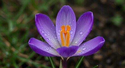 Close-up of violet crocus flower with dew in a garden setting