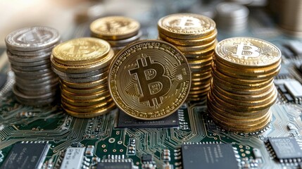 Bitcoin Cryptocurrency on Circuit Board: Digital Currency, Finance, and Technology