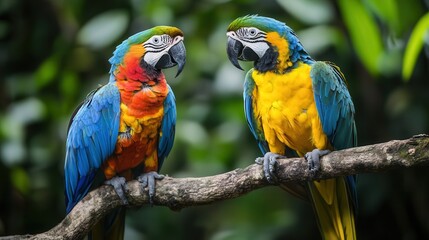 Obraz premium Vibrant parrots perch on a branch amidst lush greenery in a tropical forest setting, showcasing their colorful feathers and lively presence.