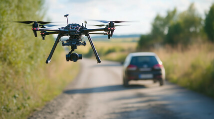 Drone flies behind a car on a dirt road