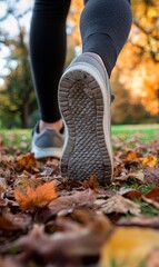 Walking on autumn leaves in a park, low angle view of shoe sole