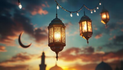 Ramadan lanterns glow at sunset, mosque backdrop
