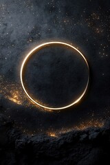 A deep-black background showcases scattered shimmering gold stars, while a glowing celestial ring at the center creates a stunning frame for a brand logo, evoking a sense of luxury and mystery