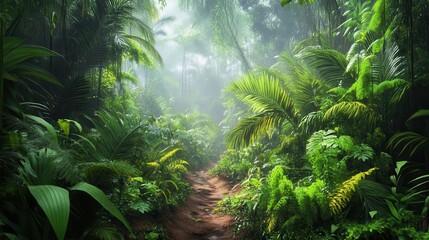 A narrow path winds through a lush, dense jungle, surrounded by vibrant greenery and exotic plants, inviting exploration and adventure.