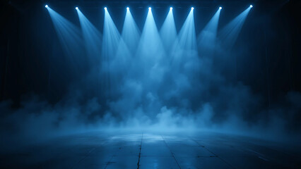  Dramatic stage illuminated by blue spotlights with foggy atmosphere, perfect for performance and cinematic backgrounds