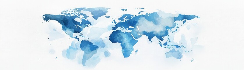 A watercolor illustration of a world map in shades of blue, showcasing continents and oceans in an artistic style.