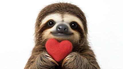 Fototapeta premium Cute sloth portrait holding a red heart with sweet smile, white background, valentines day celebration 