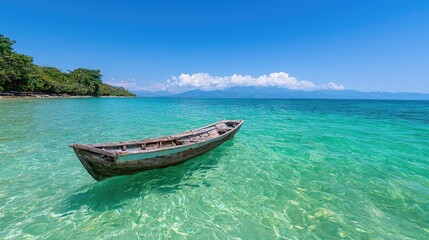 Fototapeta premium Tropical beach boat, calm sea, island background, travel