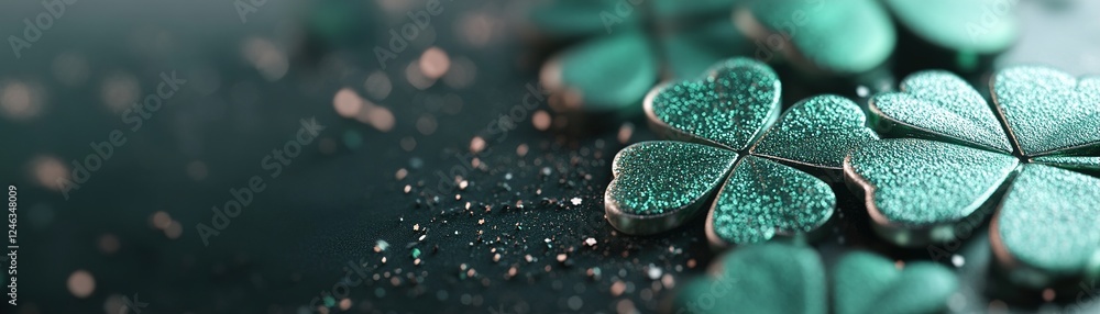 Poster a metallic green backdrop features subtle shamrock patterns and soft reflections, creating an engagi