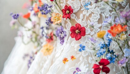 Floral Wedding Dress Detail, Close-up, Outdoors, Blurred Background, Fashion