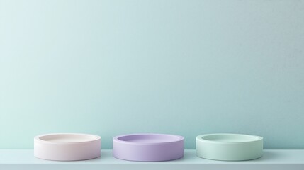 Three stands podiums in different color, minimalist clean empty green wall
