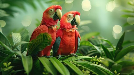Two vibrant scarlet macaws perched on lush green foliage in a tropical rainforest setting
