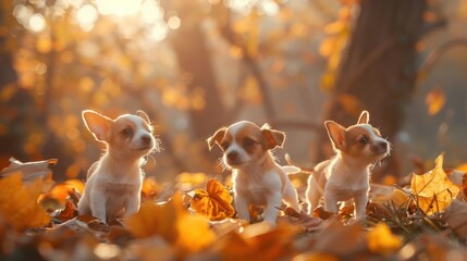 Naklejka premium Three playful puppies sitting on a bed of autumn leaves in a sunlit forest