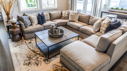 A contemporary elegant living area featuring comfortable seating, modern decor, and soft ambient lighting