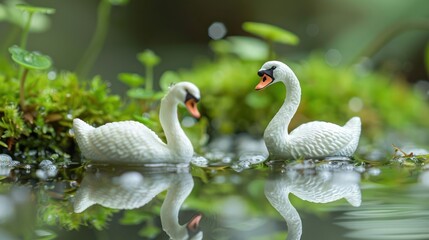 Obraz premium Two white swan figurines gracefully swimming in a serene pond surrounded by lush greenery