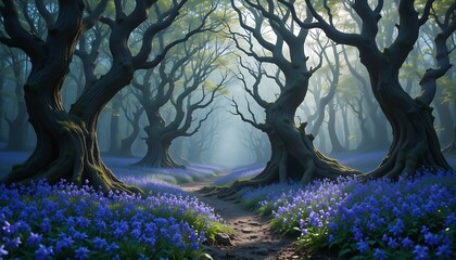 whimsical woodland with gnarled trees and a carpet of bluebells, soft light creates a fairy-tale-like atmosphere