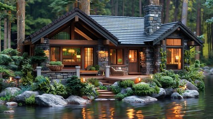 Obraz premium A small stone house with a sloping roof and a wooden front door. 