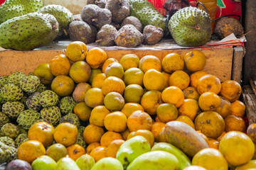wide variety seasonal vegetables and fruits Crowded central food Market Colombo.