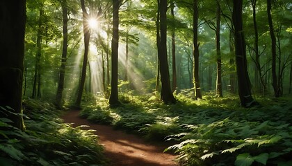 Obraz premium Overgrown forest with sunlight streaming through the canopy