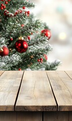 Wooden table with Christmas tree background for holiday product display