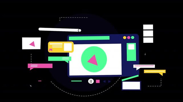 Illustrate video streaming through vector character animation. Characters watch and share content across platforms, depicted in a sleek, scalable vector style.