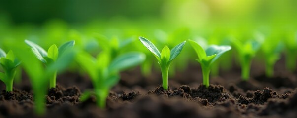 Small corn seedlings in a row with water droplets on leaves, nature, seedling, planting