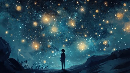 Obraz premium Silhouette gazes at luminous night sky, rocky landscape.