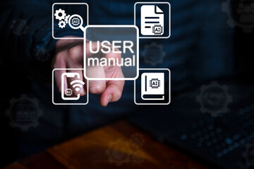 Man using virtual touch screen clicks a user guide inscription. User Manual Guide Business Service...