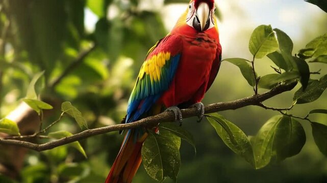 Scarlet Macaw perched on branch, rainforest background, vibrant plumage, nature photography, website banner
