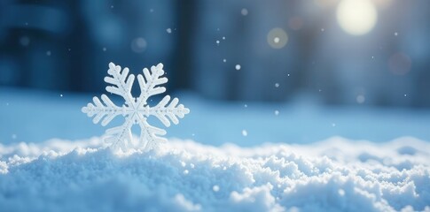Single large snowflake falls slowly on snowy white ground, snowflakes, white