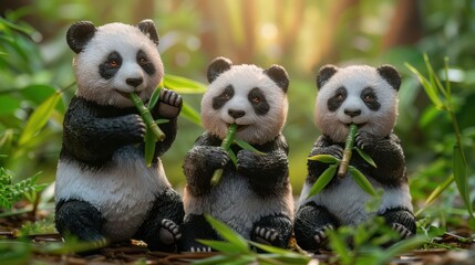 Obraz premium Three adorable panda cubs sitting in a lush green forest, happily munching on bamboo shoots